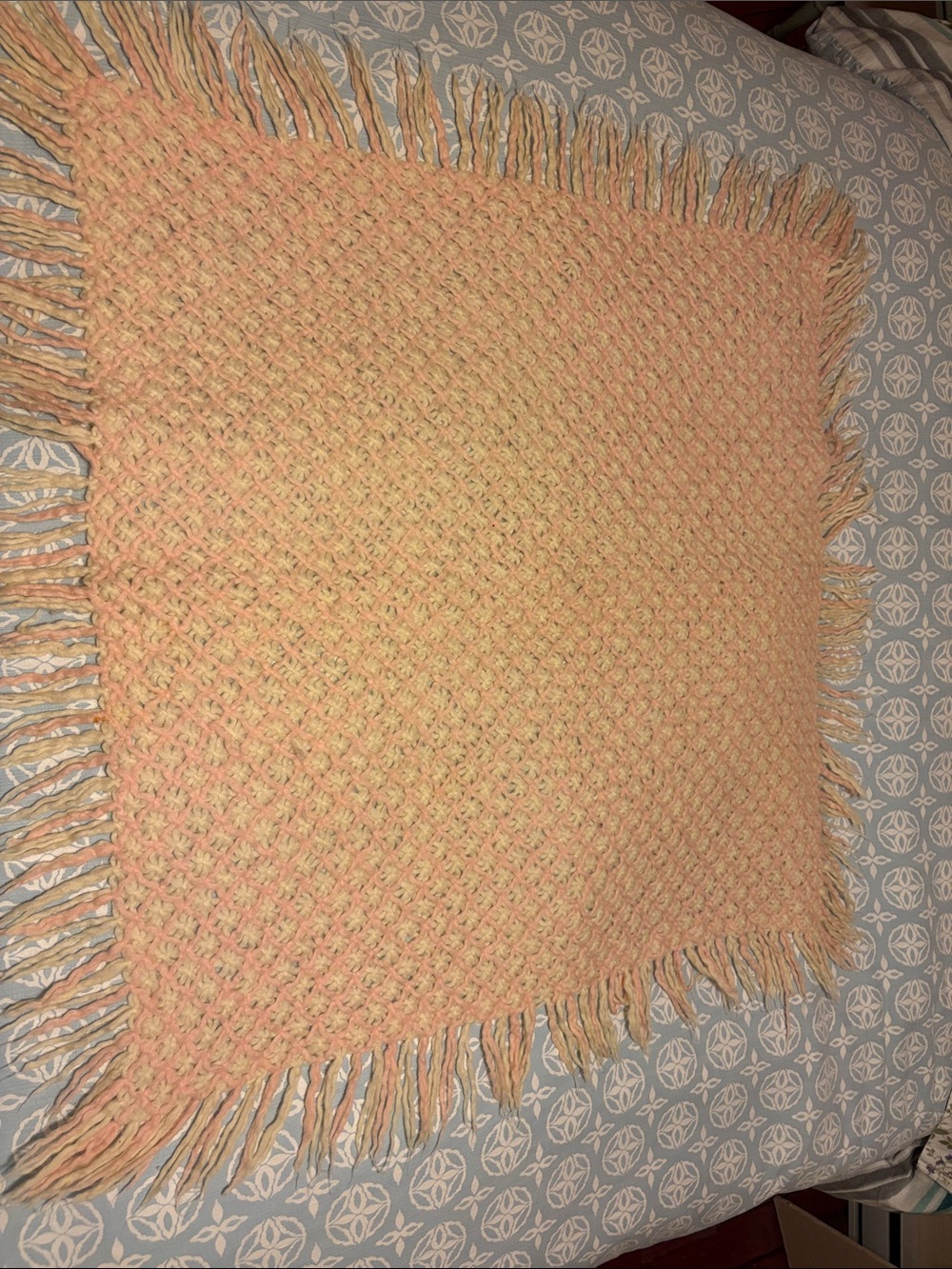 Vintage Italian Handwoven Wool Throw Blanket Pink Cream Fringe
